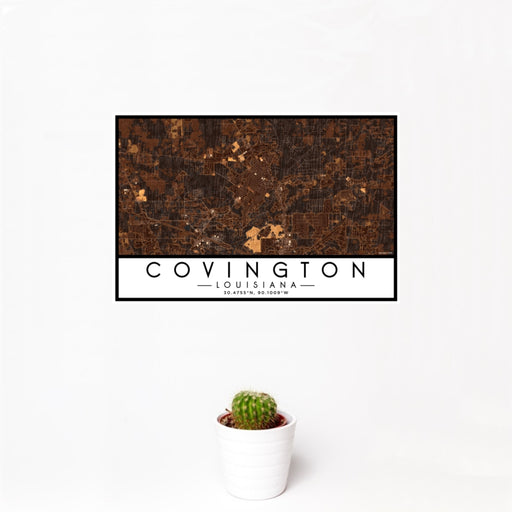 12x18 Covington Louisiana Map Print Landscape Orientation in Ember Style With Small Cactus Plant in White Planter
