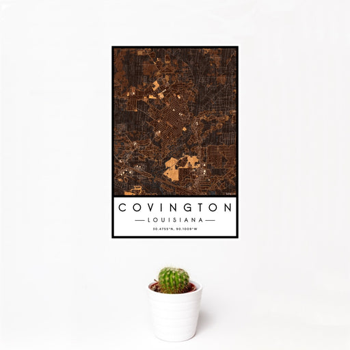 12x18 Covington Louisiana Map Print Portrait Orientation in Ember Style With Small Cactus Plant in White Planter