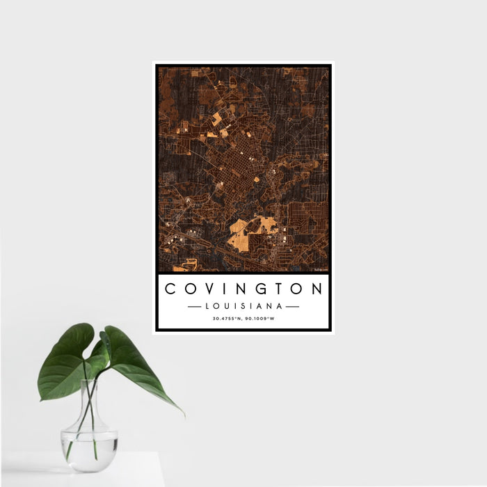 16x24 Covington Louisiana Map Print Portrait Orientation in Ember Style With Tropical Plant Leaves in Water