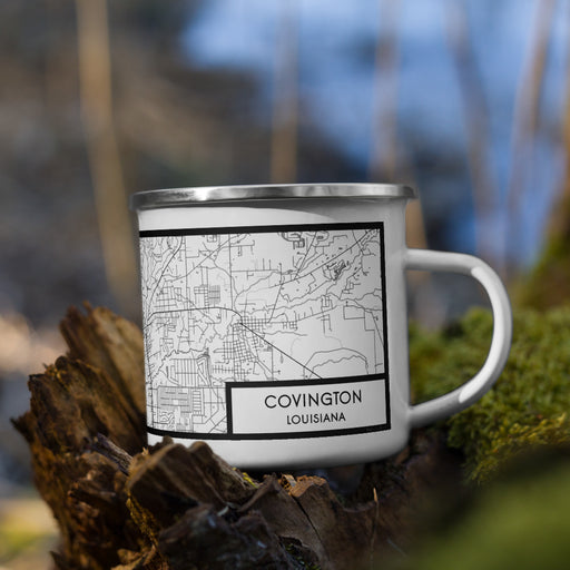Right View Custom Covington Louisiana Map Enamel Mug in Classic on Grass With Trees in Background