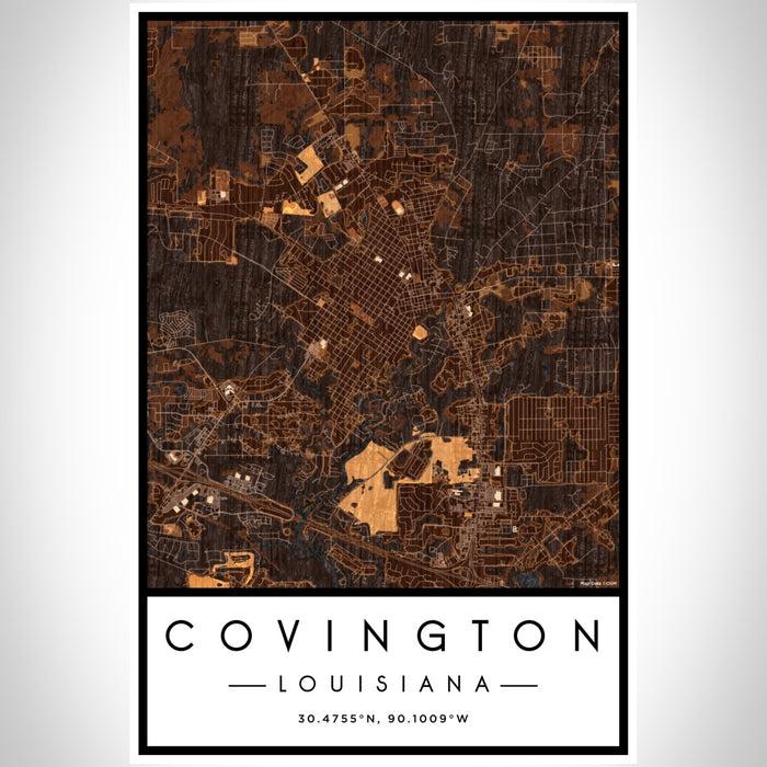 Covington Louisiana Map Print Portrait Orientation in Ember Style With Shaded Background
