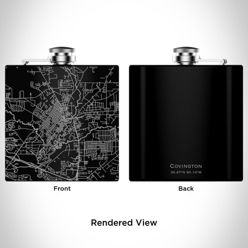 Rendered View of Covington Louisiana Map Engraving on 6oz Stainless Steel Flask in Black