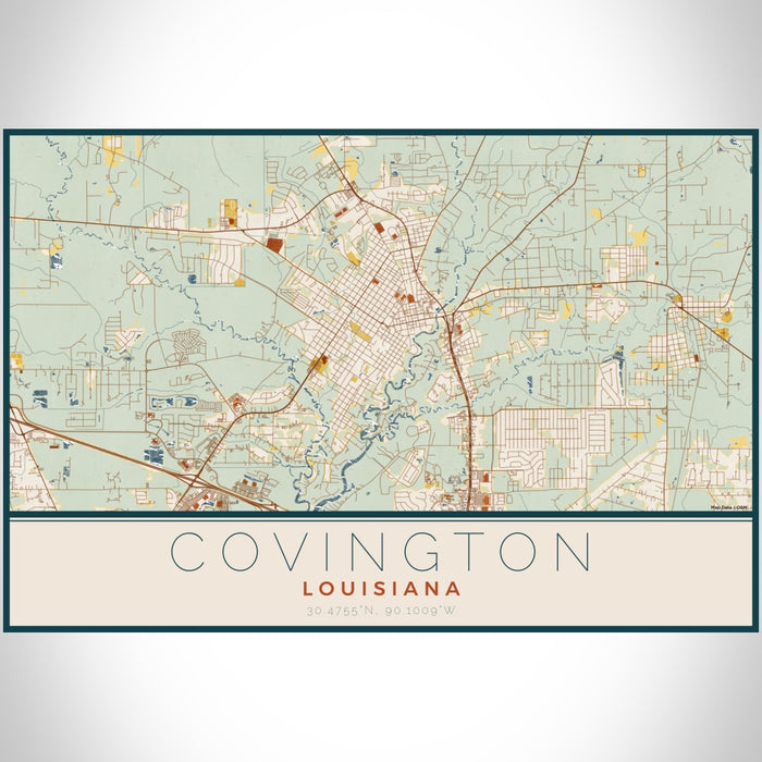 Covington Louisiana Map Print Landscape Orientation in Woodblock Style With Shaded Background