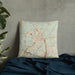 Custom Covington Louisiana Map Throw Pillow in Woodblock on Bedding Against Wall