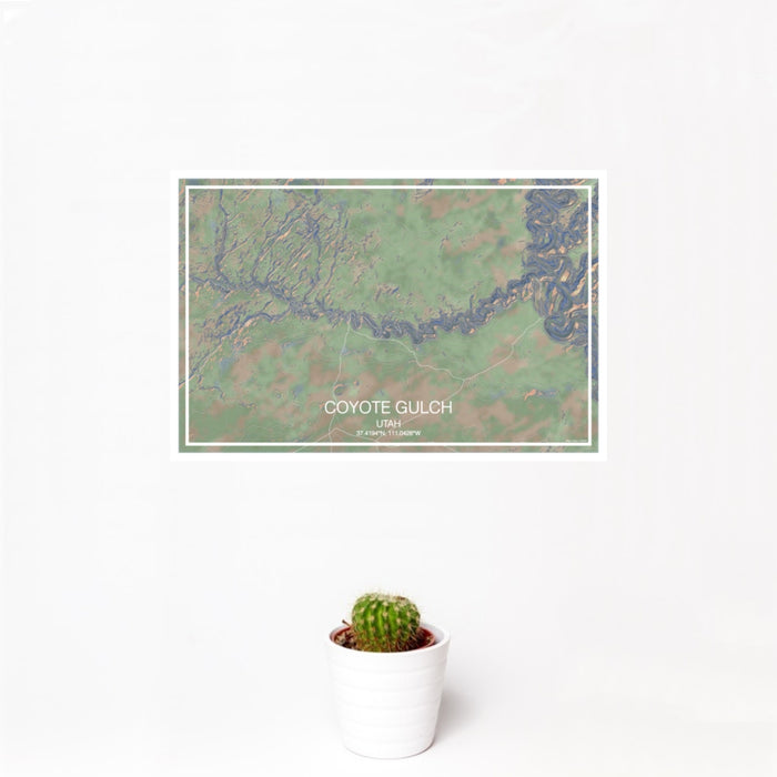 12x18 Coyote Gulch Utah Map Print Landscape Orientation in Afternoon Style With Small Cactus Plant in White Planter