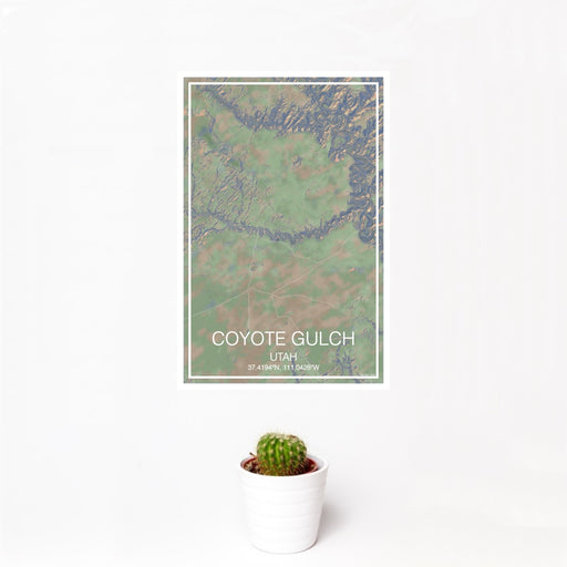 12x18 Coyote Gulch Utah Map Print Portrait Orientation in Afternoon Style With Small Cactus Plant in White Planter