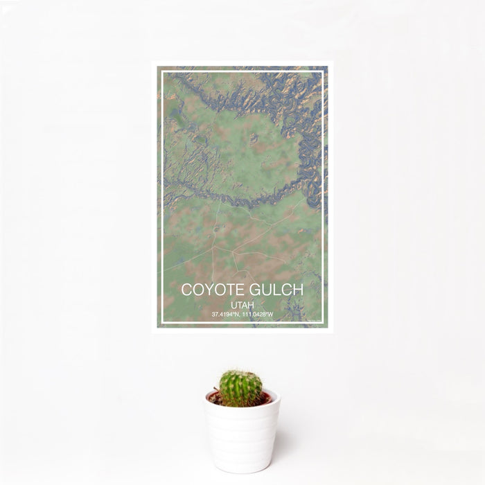 12x18 Coyote Gulch Utah Map Print Portrait Orientation in Afternoon Style With Small Cactus Plant in White Planter