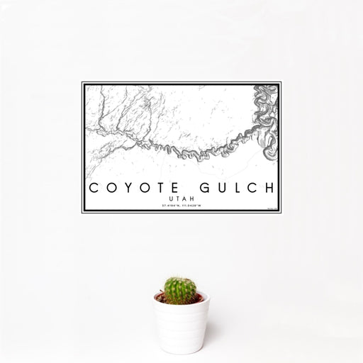 12x18 Coyote Gulch Utah Map Print Landscape Orientation in Classic Style With Small Cactus Plant in White Planter