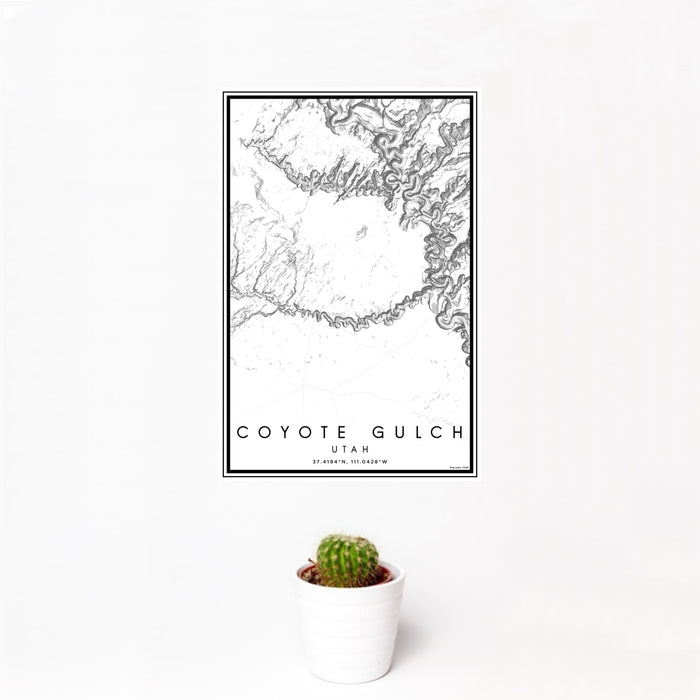 12x18 Coyote Gulch Utah Map Print Portrait Orientation in Classic Style With Small Cactus Plant in White Planter