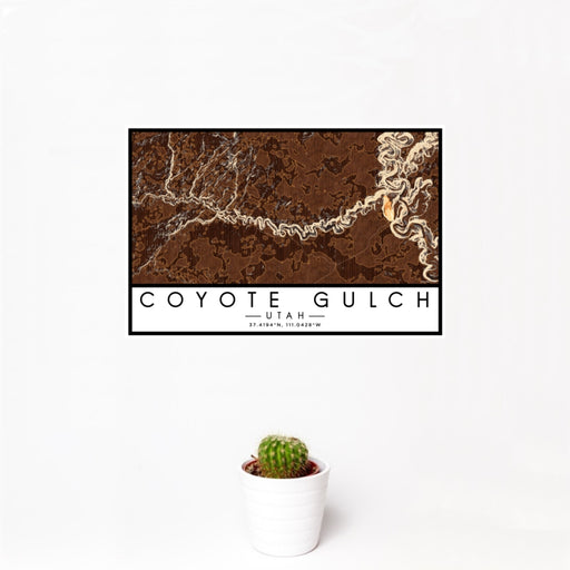12x18 Coyote Gulch Utah Map Print Landscape Orientation in Ember Style With Small Cactus Plant in White Planter