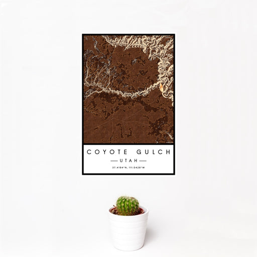 12x18 Coyote Gulch Utah Map Print Portrait Orientation in Ember Style With Small Cactus Plant in White Planter