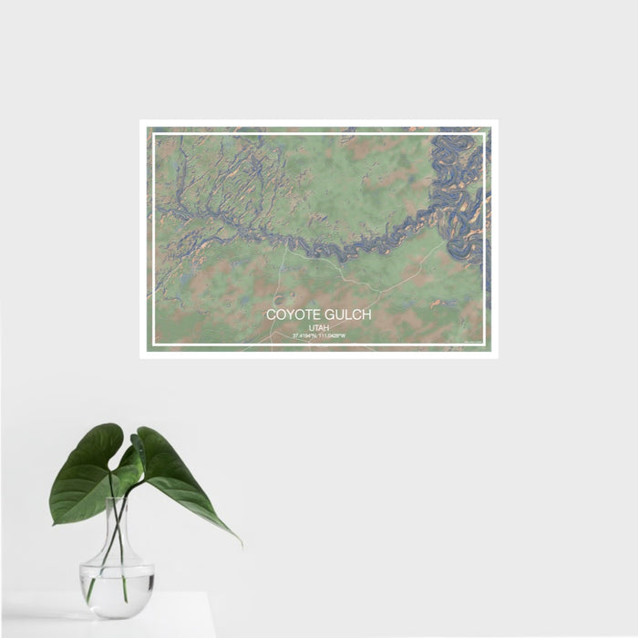 16x24 Coyote Gulch Utah Map Print Landscape Orientation in Afternoon Style With Tropical Plant Leaves in Water