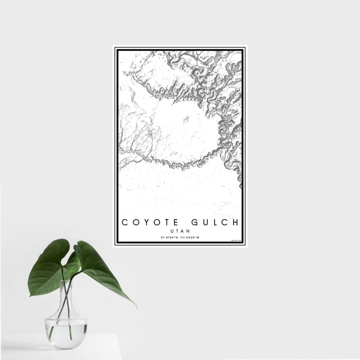16x24 Coyote Gulch Utah Map Print Portrait Orientation in Classic Style With Tropical Plant Leaves in Water