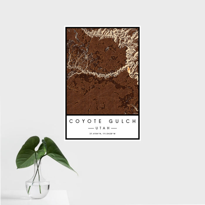16x24 Coyote Gulch Utah Map Print Portrait Orientation in Ember Style With Tropical Plant Leaves in Water