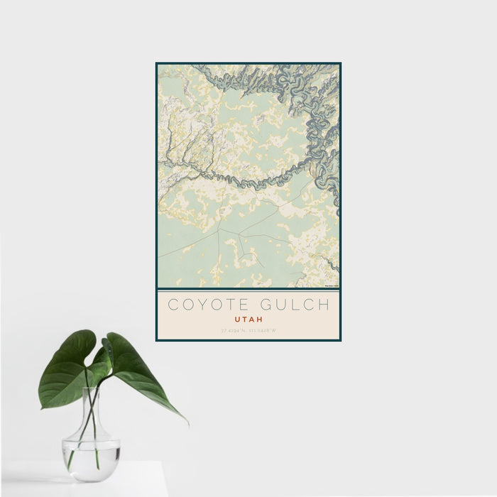 16x24 Coyote Gulch Utah Map Print Portrait Orientation in Woodblock Style With Tropical Plant Leaves in Water