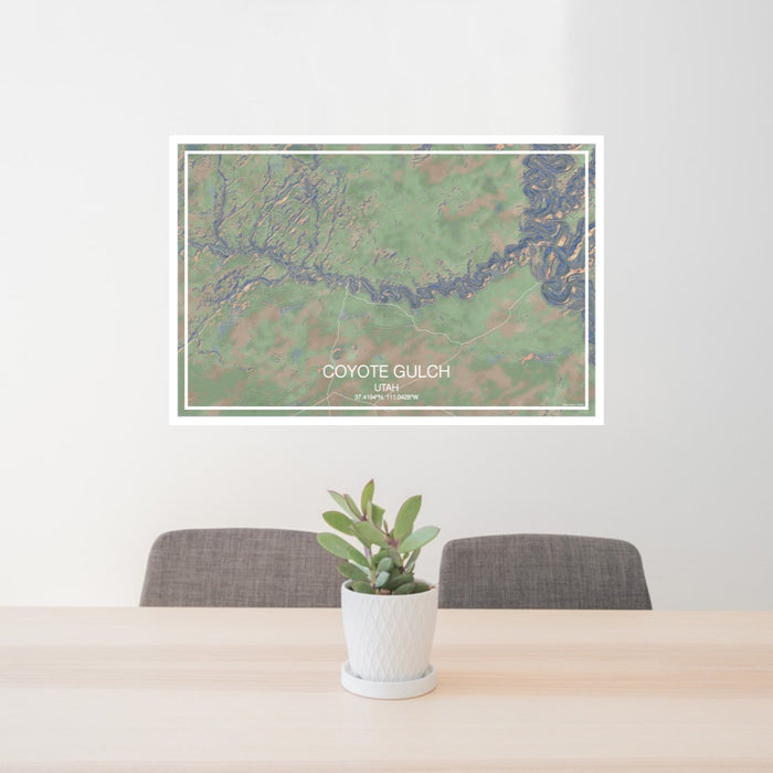 24x36 Coyote Gulch Utah Map Print Landscape Orientation in Afternoon Style Behind 2 Chairs Table and Potted Plant