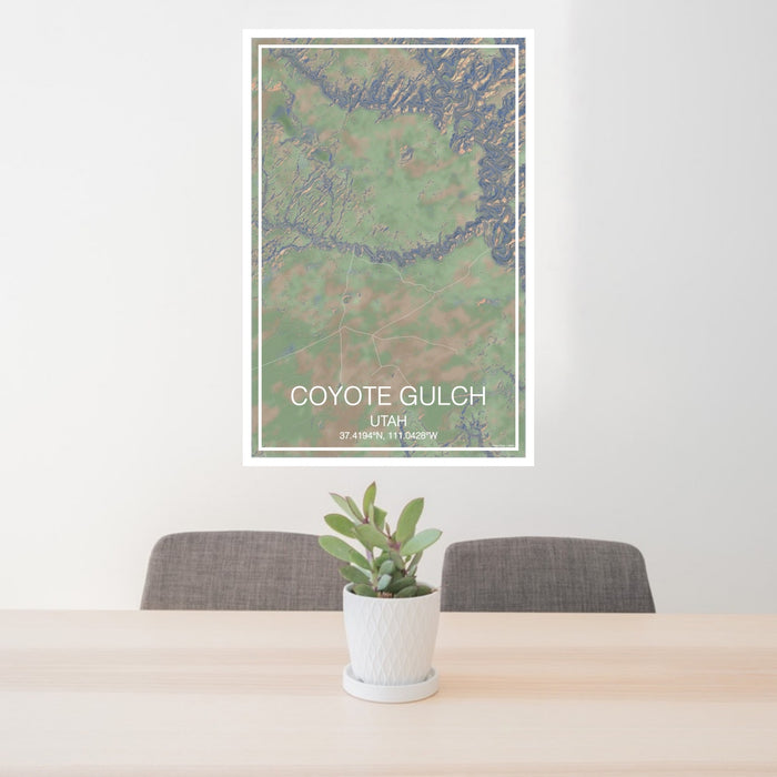 24x36 Coyote Gulch Utah Map Print Portrait Orientation in Afternoon Style Behind 2 Chairs Table and Potted Plant