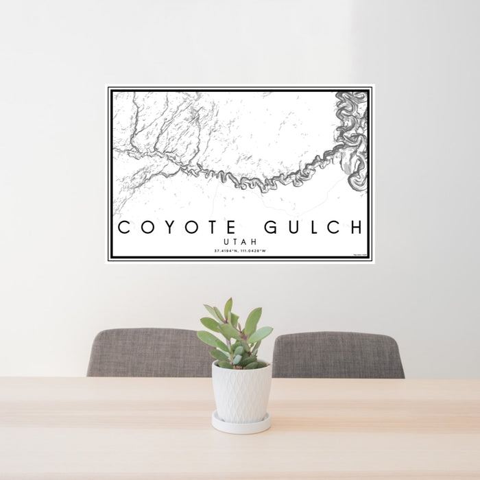 24x36 Coyote Gulch Utah Map Print Landscape Orientation in Classic Style Behind 2 Chairs Table and Potted Plant