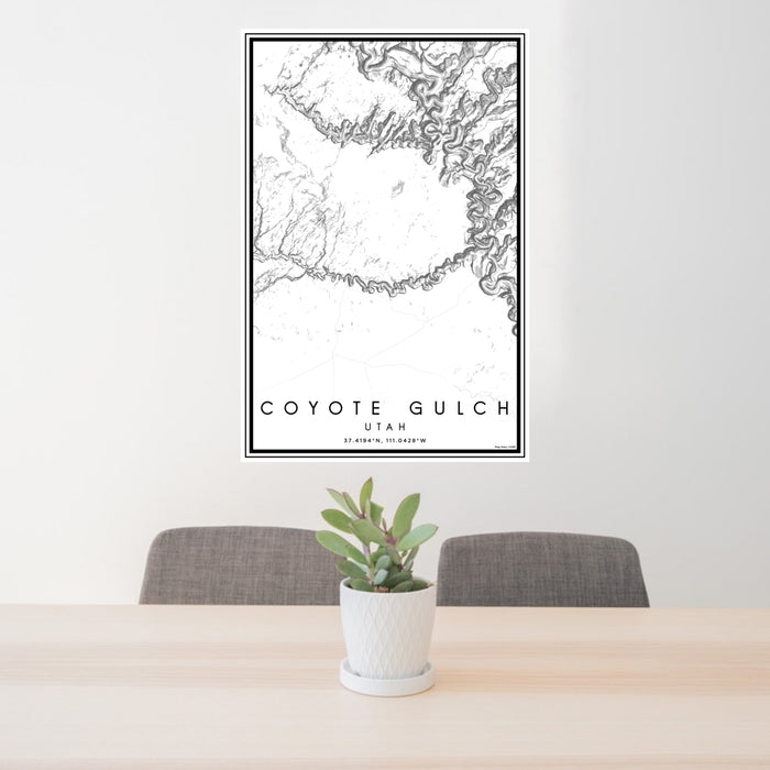 24x36 Coyote Gulch Utah Map Print Portrait Orientation in Classic Style Behind 2 Chairs Table and Potted Plant
