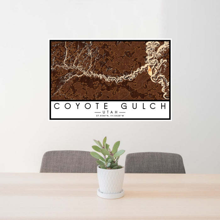 24x36 Coyote Gulch Utah Map Print Landscape Orientation in Ember Style Behind 2 Chairs Table and Potted Plant