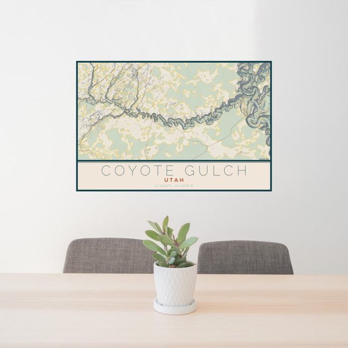 24x36 Coyote Gulch Utah Map Print Landscape Orientation in Woodblock Style Behind 2 Chairs Table and Potted Plant