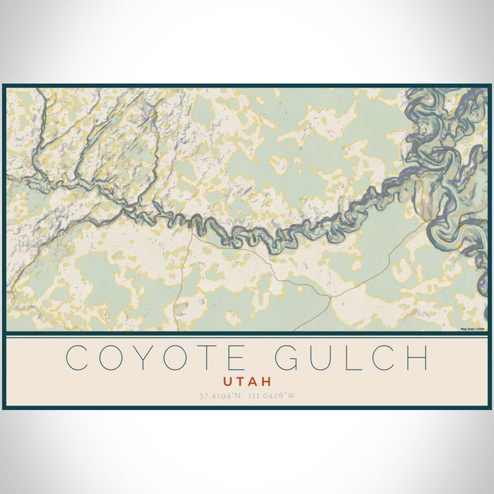 Coyote Gulch Utah Map Print Landscape Orientation in Woodblock Style With Shaded Background