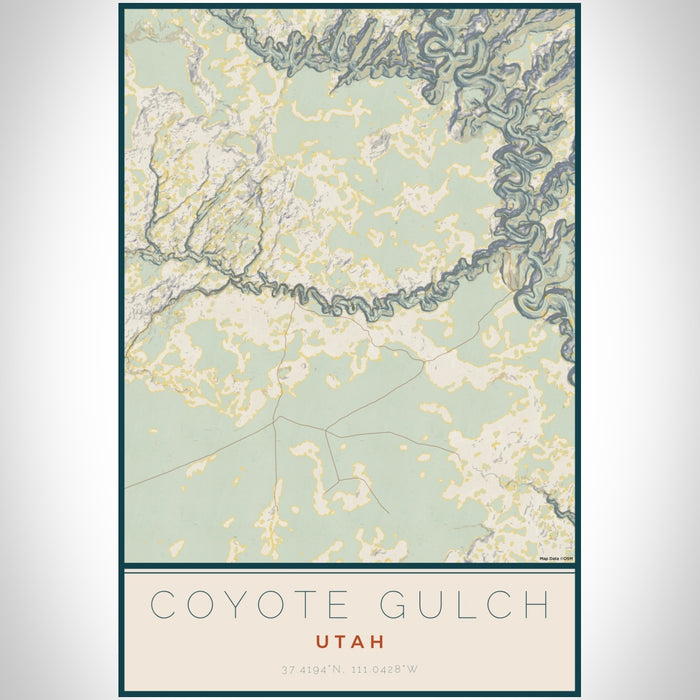 Coyote Gulch Utah Map Print Portrait Orientation in Woodblock Style With Shaded Background