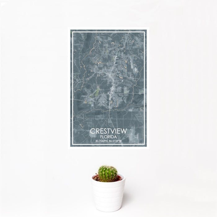 12x18 Crestview Florida Map Print Portrait Orientation in Afternoon Style With Small Cactus Plant in White Planter