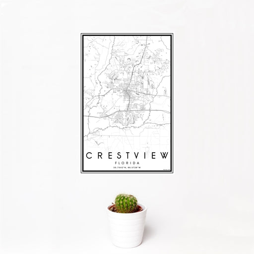 12x18 Crestview Florida Map Print Portrait Orientation in Classic Style With Small Cactus Plant in White Planter