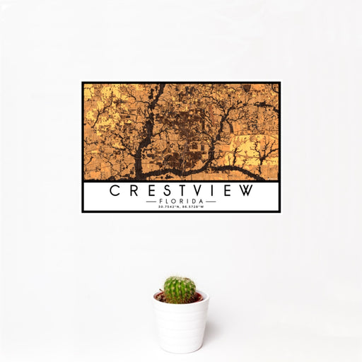 12x18 Crestview Florida Map Print Landscape Orientation in Ember Style With Small Cactus Plant in White Planter