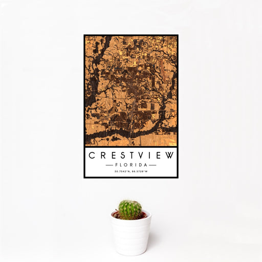 12x18 Crestview Florida Map Print Portrait Orientation in Ember Style With Small Cactus Plant in White Planter