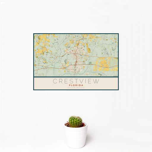 12x18 Crestview Florida Map Print Landscape Orientation in Woodblock Style With Small Cactus Plant in White Planter