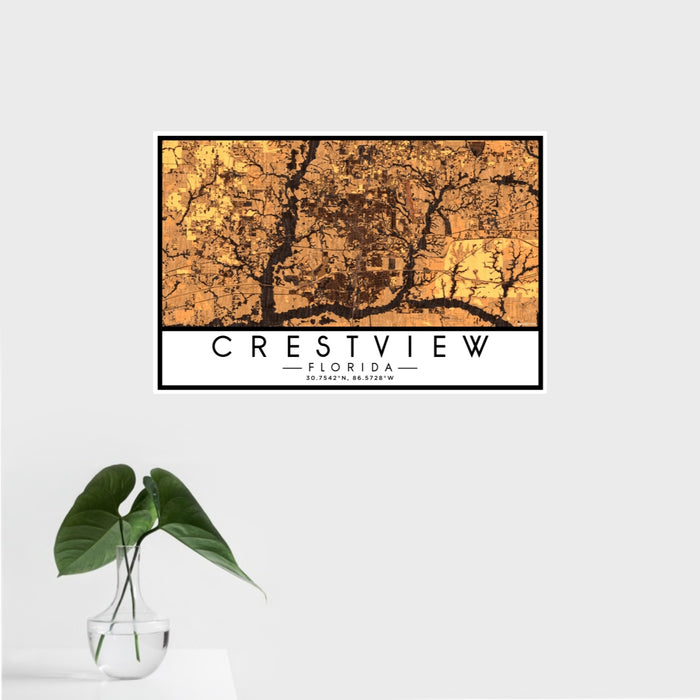 16x24 Crestview Florida Map Print Landscape Orientation in Ember Style With Tropical Plant Leaves in Water