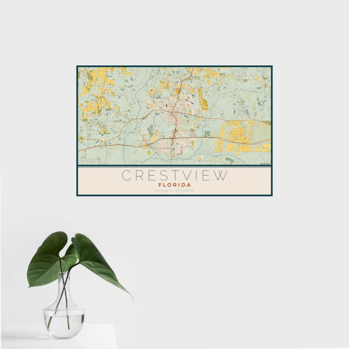 16x24 Crestview Florida Map Print Landscape Orientation in Woodblock Style With Tropical Plant Leaves in Water