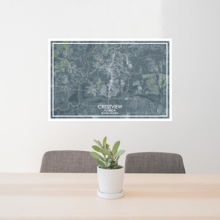 24x36 Crestview Florida Map Print Lanscape Orientation in Afternoon Style Behind 2 Chairs Table and Potted Plant