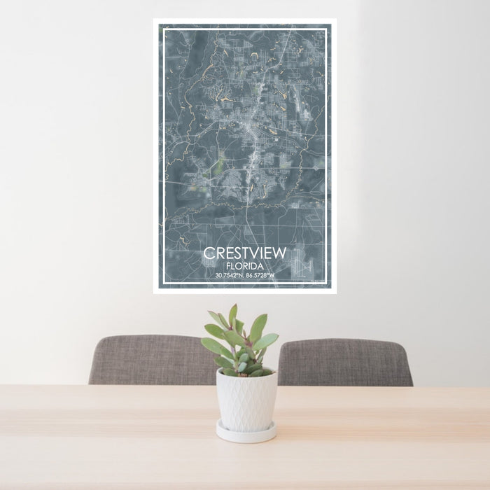 24x36 Crestview Florida Map Print Portrait Orientation in Afternoon Style Behind 2 Chairs Table and Potted Plant