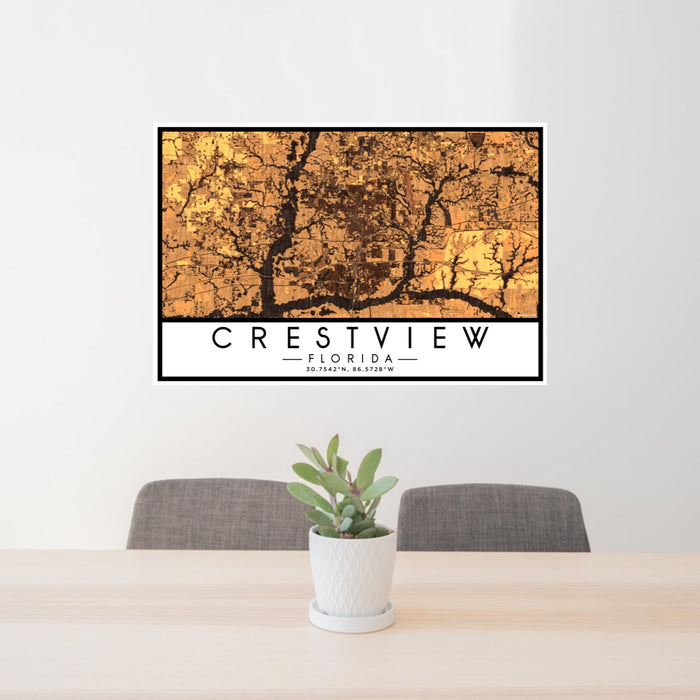 24x36 Crestview Florida Map Print Lanscape Orientation in Ember Style Behind 2 Chairs Table and Potted Plant