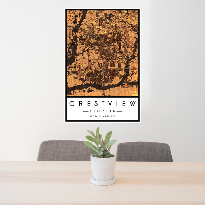 24x36 Crestview Florida Map Print Portrait Orientation in Ember Style Behind 2 Chairs Table and Potted Plant