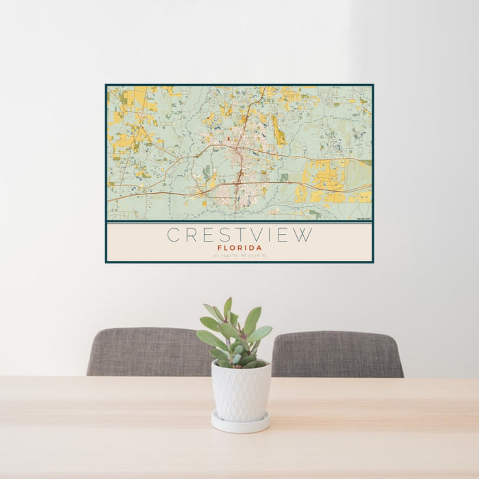 24x36 Crestview Florida Map Print Lanscape Orientation in Woodblock Style Behind 2 Chairs Table and Potted Plant