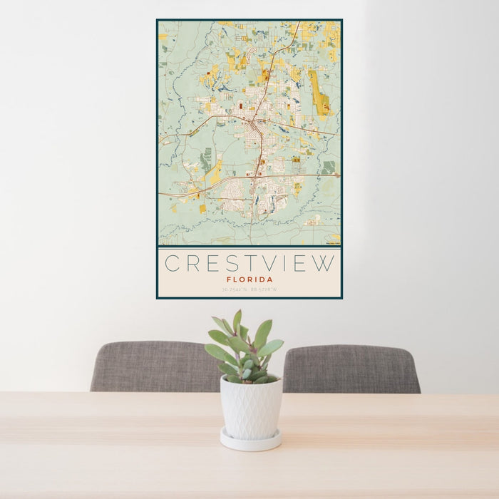 24x36 Crestview Florida Map Print Portrait Orientation in Woodblock Style Behind 2 Chairs Table and Potted Plant