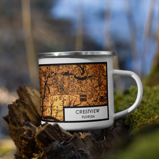 Right View Custom Crestview Florida Map Enamel Mug in Ember on Grass With Trees in Background