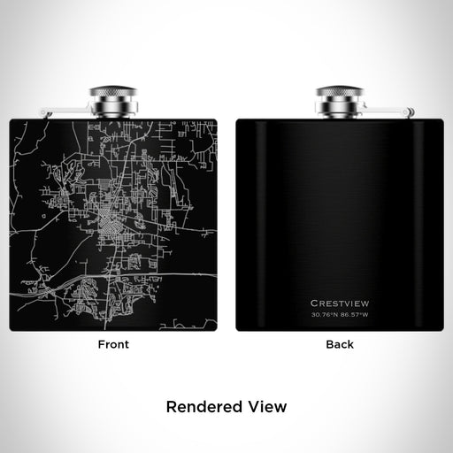 Rendered View of Crestview Florida Map Engraving on 6oz Stainless Steel Flask in Black