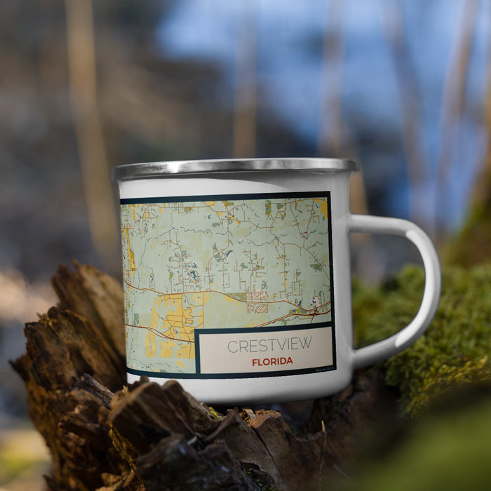 Right View Custom Crestview Florida Map Enamel Mug in Woodblock on Grass With Trees in Background