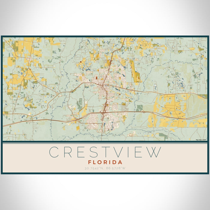 Crestview Florida Map Print Landscape Orientation in Woodblock Style With Shaded Background