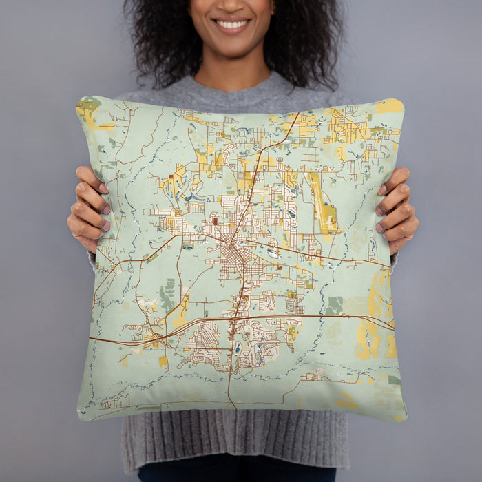 Person holding 18x18 Custom Crestview Florida Map Throw Pillow in Woodblock