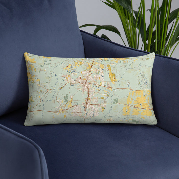 Custom Crestview Florida Map Throw Pillow in Woodblock on Blue Colored Chair