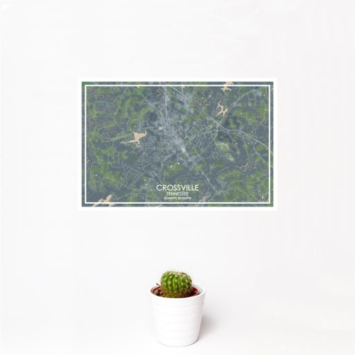 12x18 Crossville Tennessee Map Print Landscape Orientation in Afternoon Style With Small Cactus Plant in White Planter