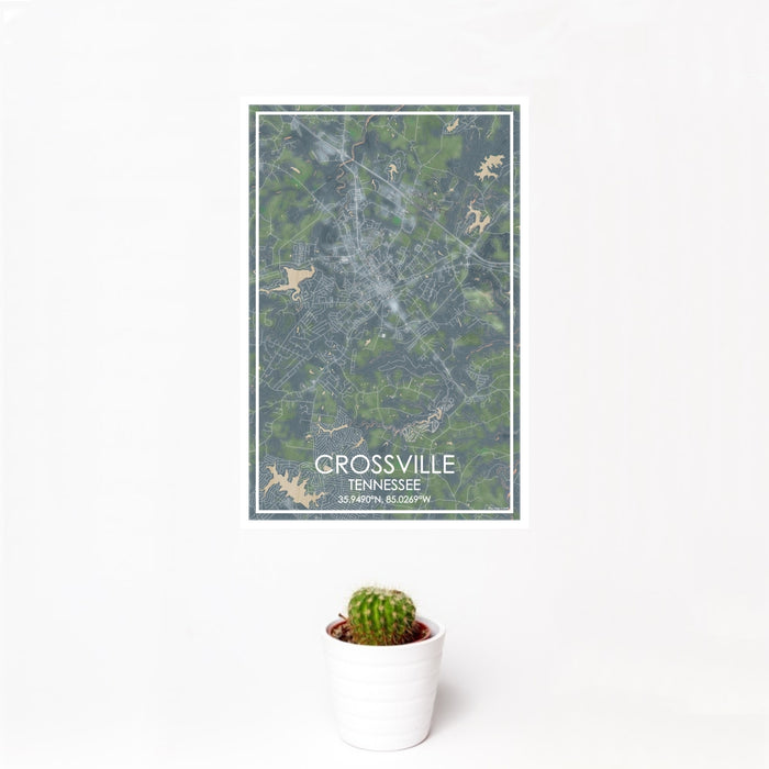 12x18 Crossville Tennessee Map Print Portrait Orientation in Afternoon Style With Small Cactus Plant in White Planter