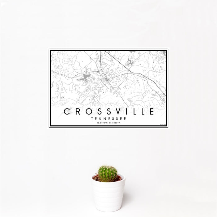 12x18 Crossville Tennessee Map Print Landscape Orientation in Classic Style With Small Cactus Plant in White Planter