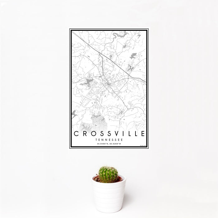 12x18 Crossville Tennessee Map Print Portrait Orientation in Classic Style With Small Cactus Plant in White Planter